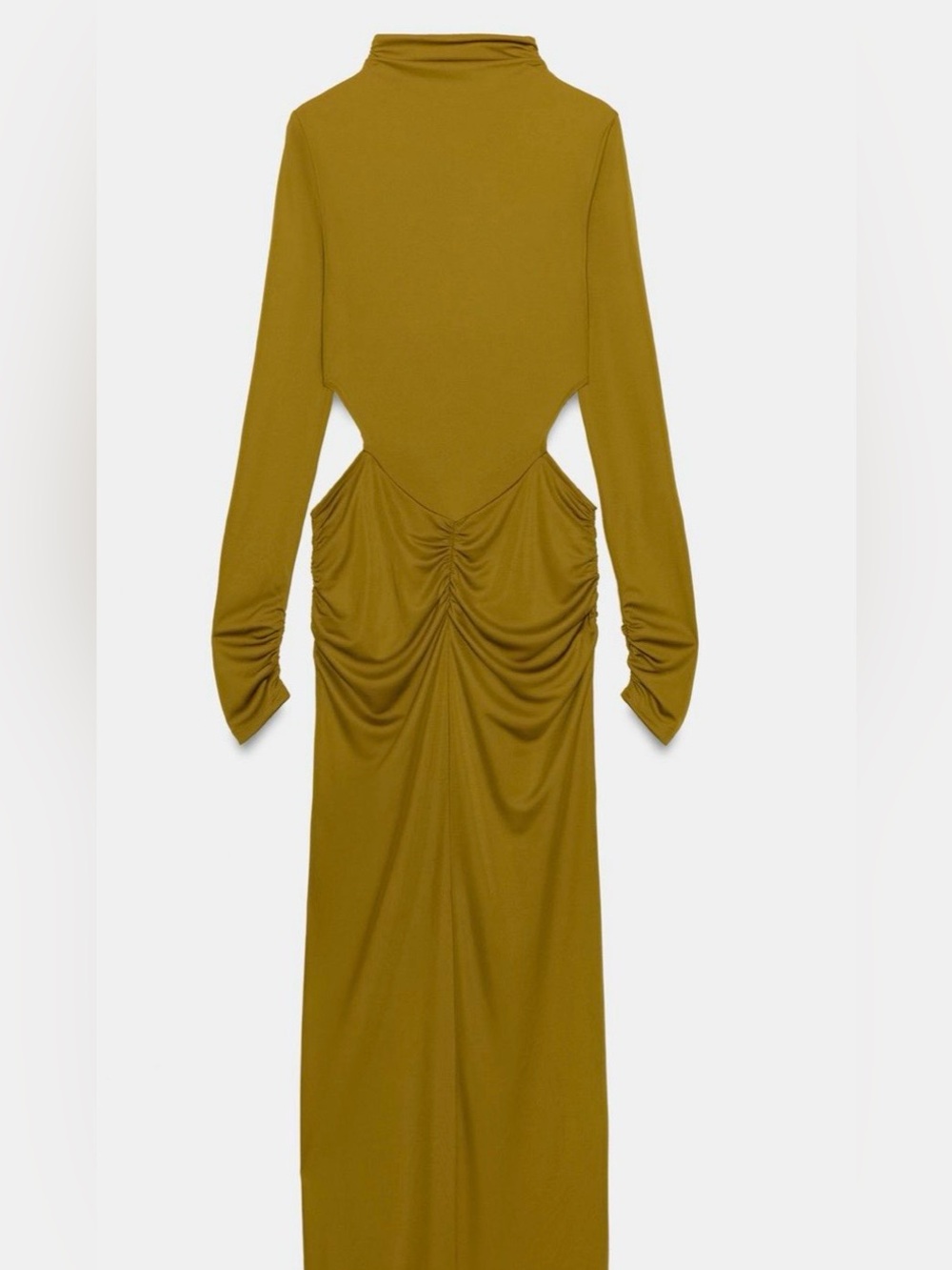Zara Long Sleeve Cutout Ruched Maxi Dress in Olive